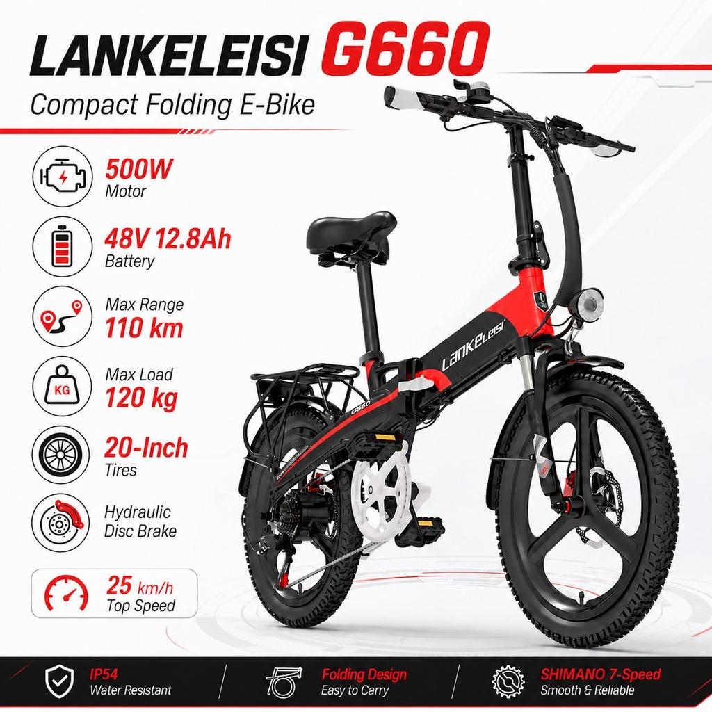 LANKELEISI G660 20-inch Foldable Urban Electric bicycle,500W48V12.8AH,Max Range 110 km,Max Load 120 Kg