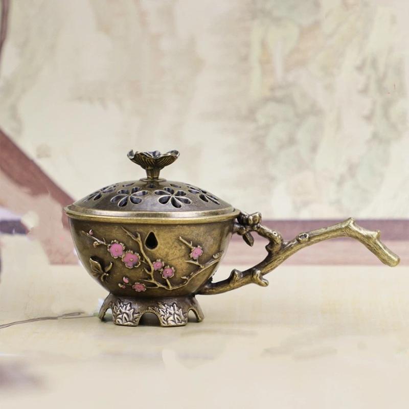 Pflaumenblüten-Räuchergefäß mit Griff Retro Pflaumenblüten Durchbrochener Räucherstäbchenhalter Zinklegierung Kleines Handwerk Heimdekoration