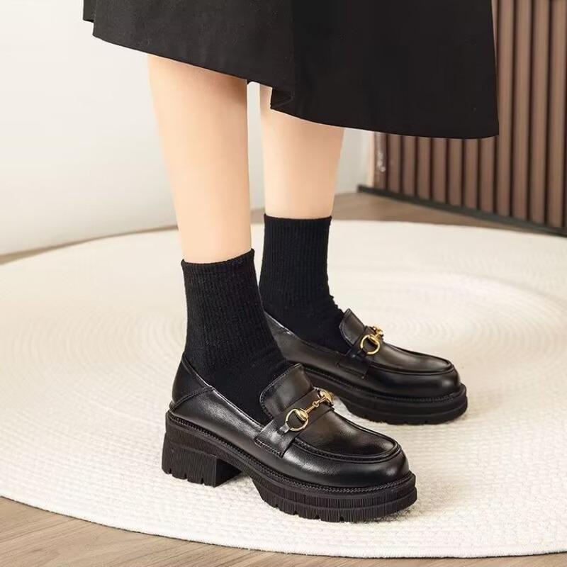 Women'S British Style Slip-On Loafer Shoes Fall Platform Metal Buckle Comfort Casual Vintage Office Daily Walking Sneakers