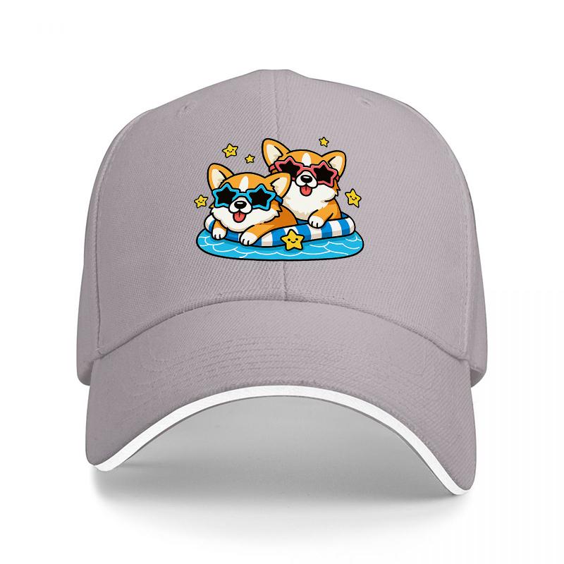 Corgi-Hunde-Sommer-Pool-Schwimmkappe, cooles Cartoon-Haustier-Sonnenbrillen-Design, schwarzer verstellbarer Hut für Erwachsene