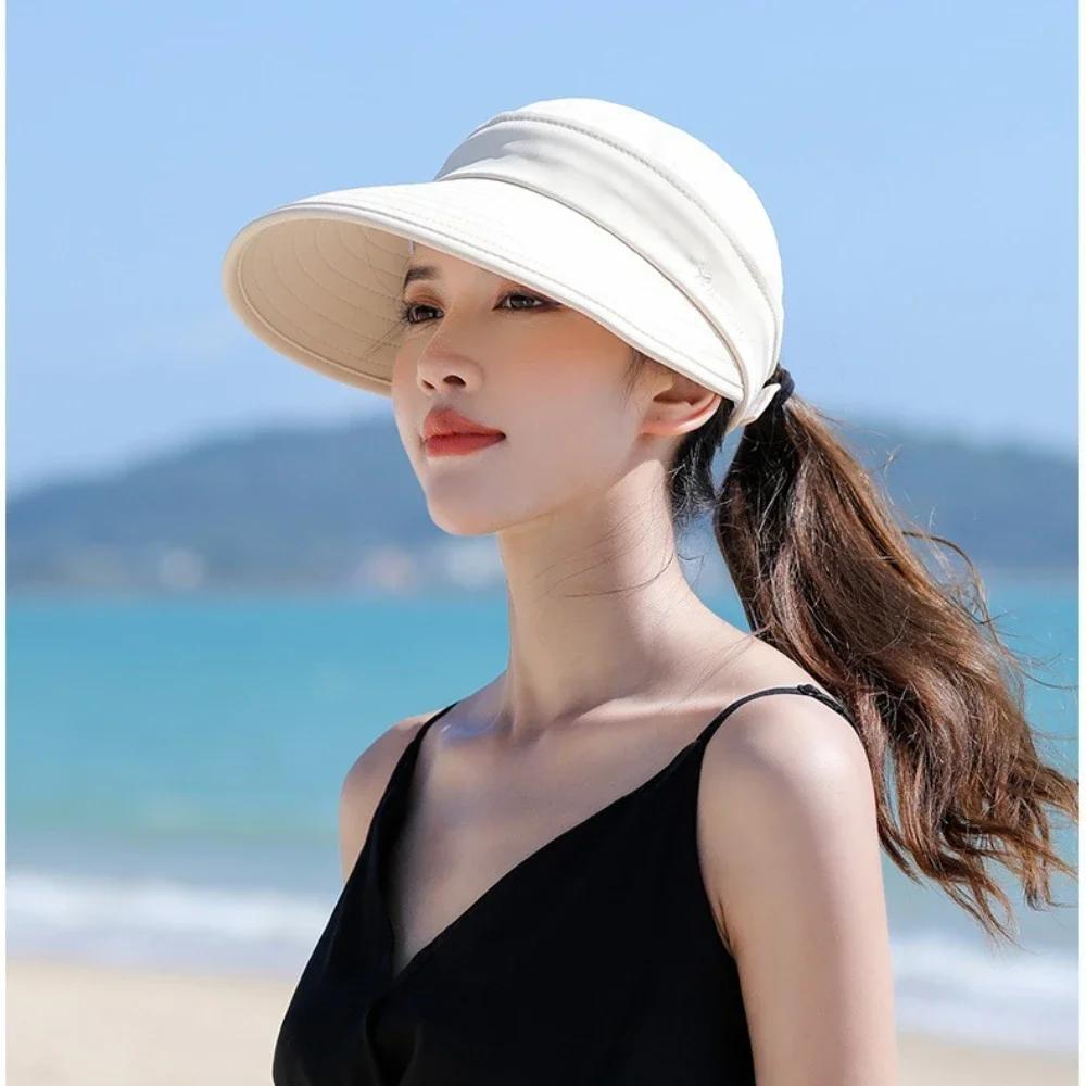 Dual Use Model Women Summer Sun Hat Casual Foldable Wide Brim Detachable Empty Top Ponytail Cap Adjustable UV Protection Sun Hat