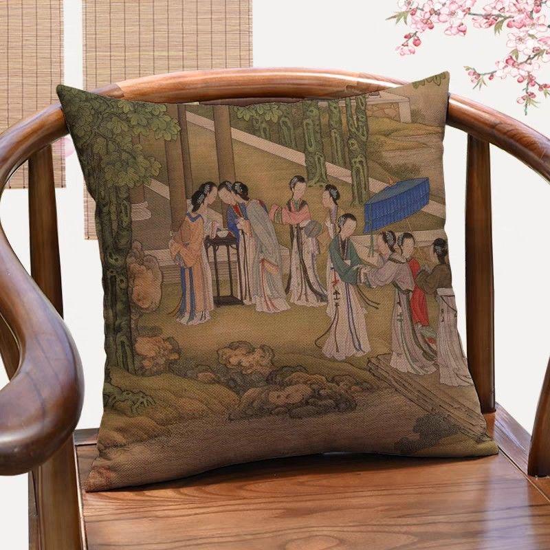 Qingyoutu New Chinese Classical Character Decorative Pillowcase Antique Lady Picture Throw Pillow Sofa Cushion Cover