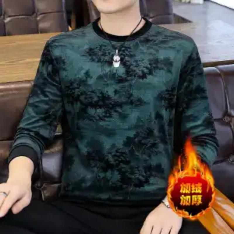 Pánská ležérní a pohledná mikina ze zlatého sametu na podzim a zimu s dlouhým rukávem, zesílená a hřejivá základní vrstva, top