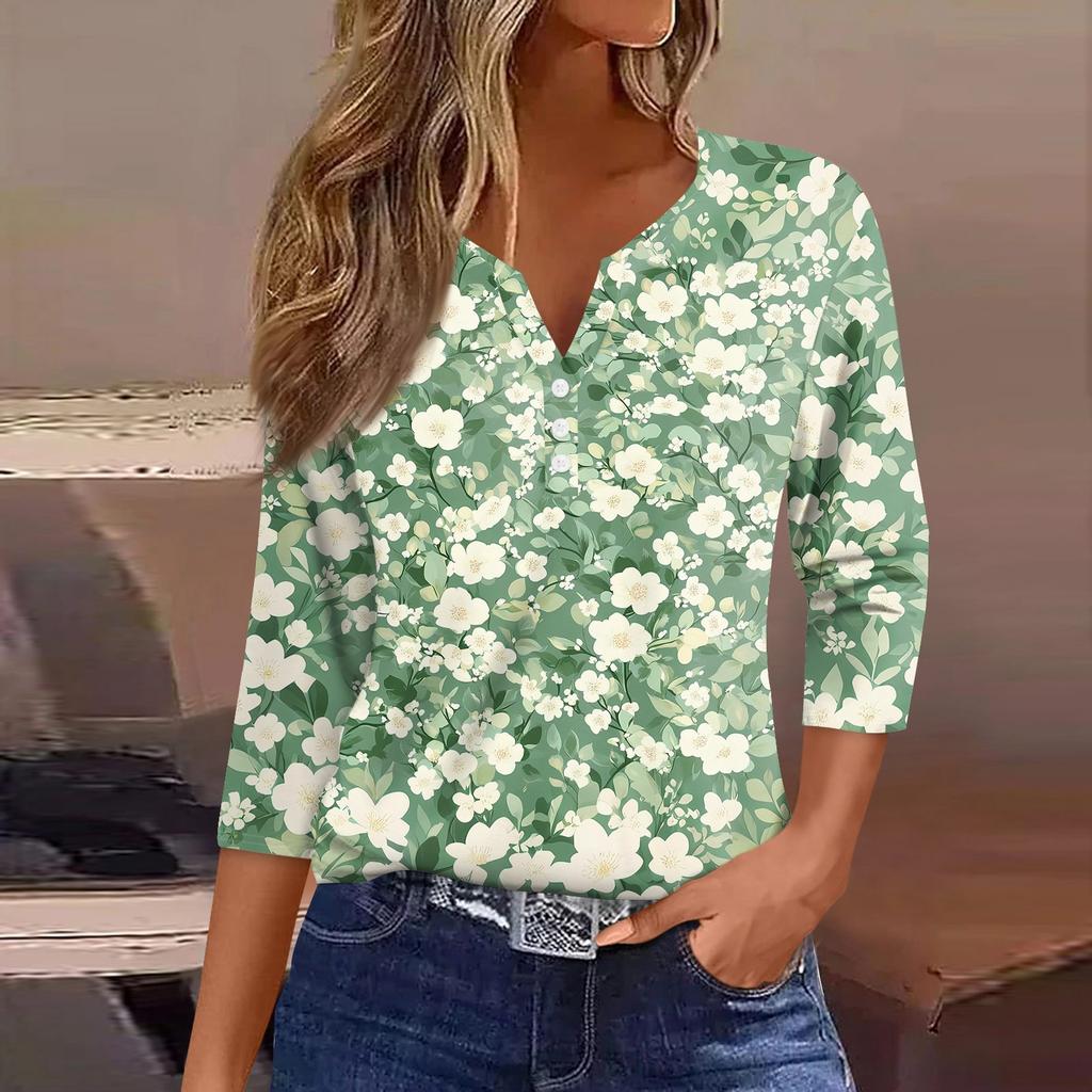 Women's T Shirt Print Button 3/4 Sleeve Daily Weekend Fashion Basic V- Neck Regular Top