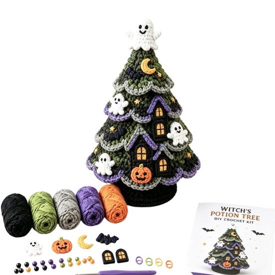 Zestaw Startowy Szydełkowania dla Początkujących, Zestaw Drzewko Halloweenowe, Rękodzieło z Przędzy DIY z Szydełkami i Instrukcją, Czarny Kot i Księżyc, Kreatywne Ręcznie Robione Akcesoria do Dziania