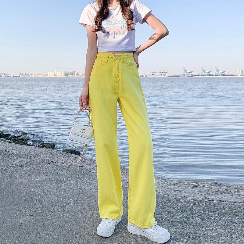 Women's Yellow High-Waisted Wide-Leg Jeans - 2022 Slimming Style for Petite Figures, Straight Floor-Length Pants