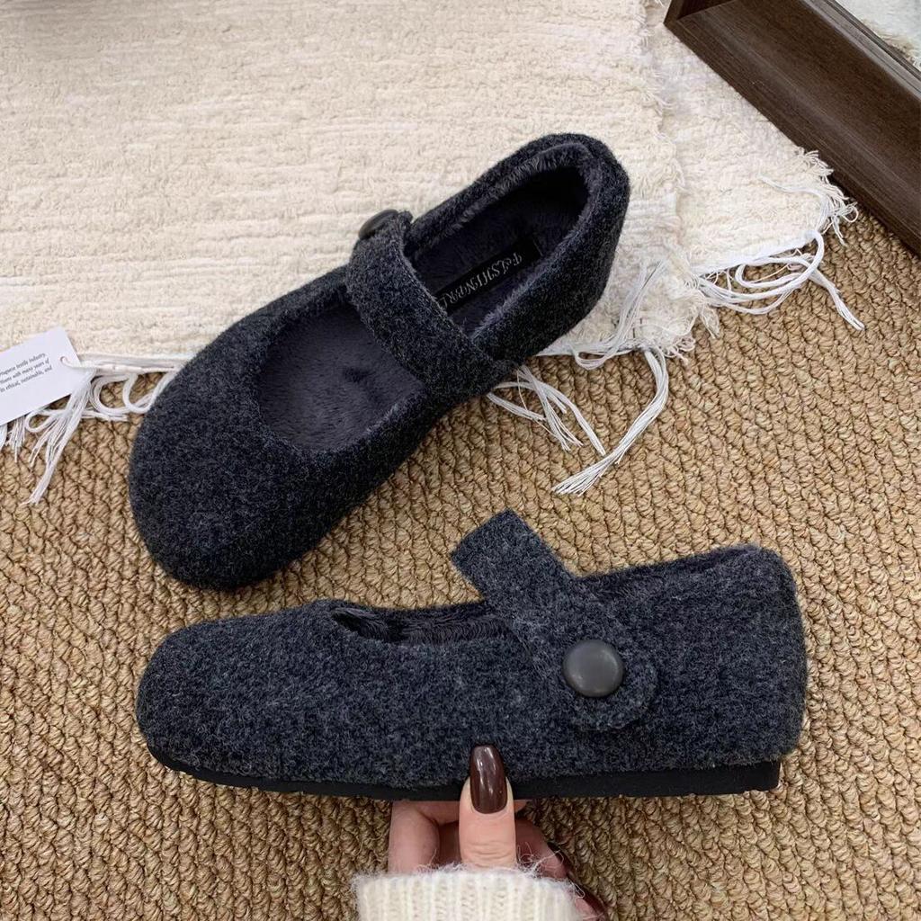 Grey Woolen Inner Height-increasing Fluffy Shoes for Women's Winter Wear 2025 New Warm and Velvet Flat-bottomed Mary Jane Cotton Single Shoes
