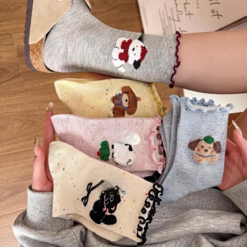 5 Pairs Autumn-Winter Cotton Mid-Tube Socks Ruffled Cartoon Design for Women