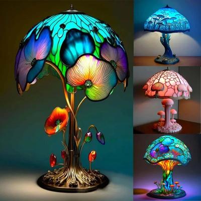 Lampe de Table en résine colorée, série de plantes teintées créatives, lampe de chevet de chambre à coucher, fleur champignon rétro, lampe de nuit, lumière d'ambiance