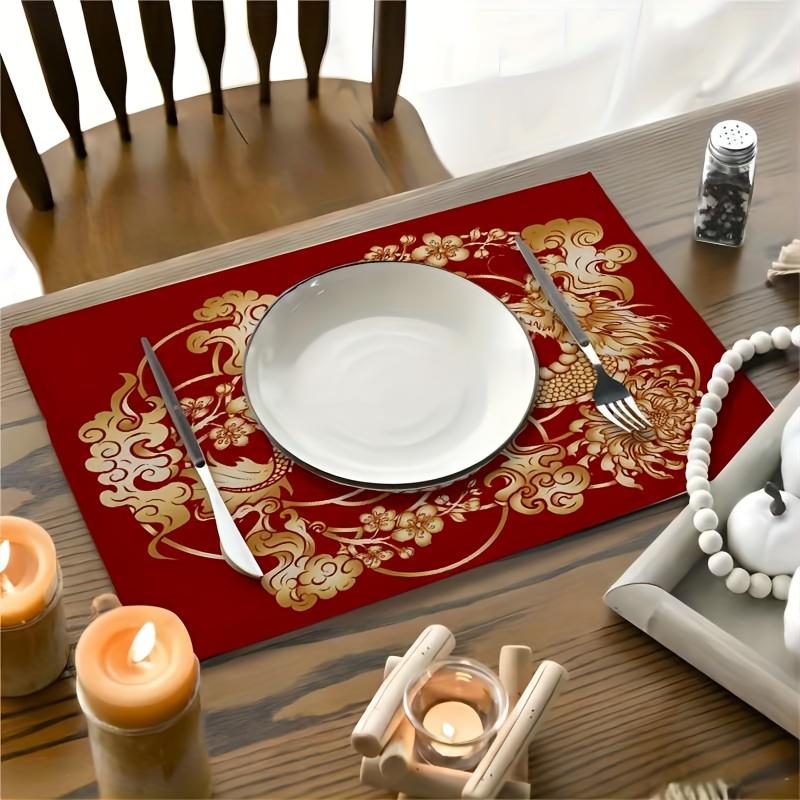 1pc Square Placemats, Chinese Style Red Simple And Elegant Light Luxury Table Pads, Golden Dragon Pattern Table Decoration Mat