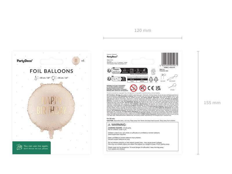 Balon Foliowy Urodzinowy - Happy Birthday, Kremowy 35Cm