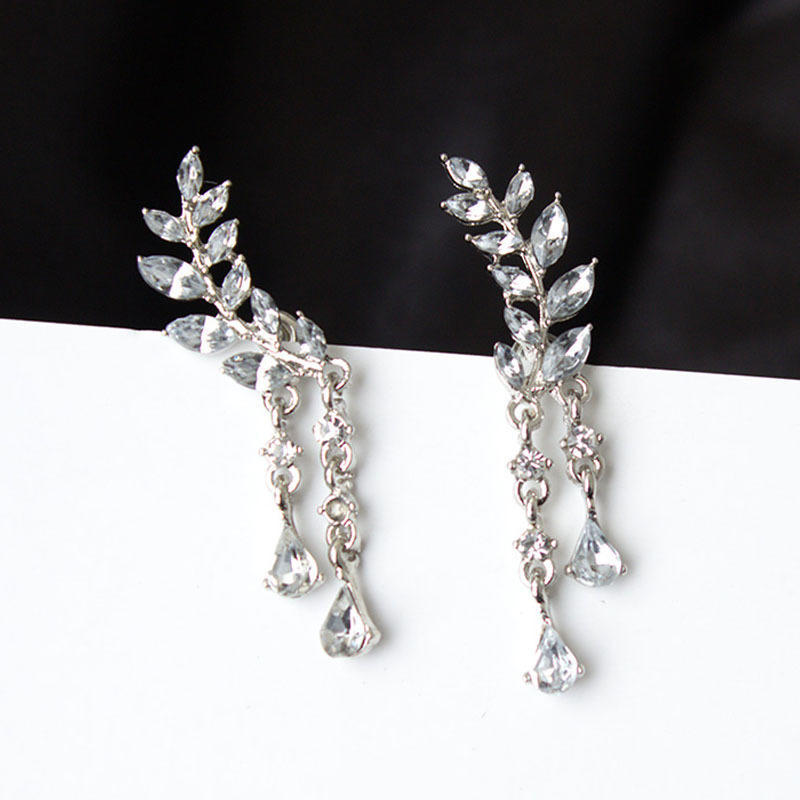 Crystal Women Zircon Leaves Tassel Drop Dangle Earrings