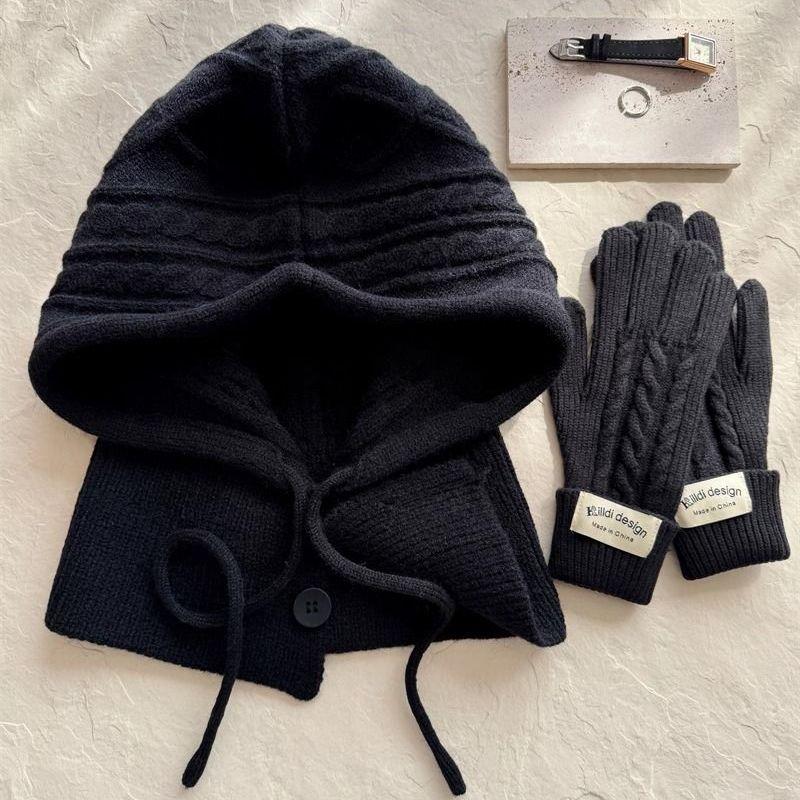 Wool Knitted Balaclava Hat with Neck Warmer Integrated Gloves Autumn Winter Neck Protection Warm Stylish Red with Gloves