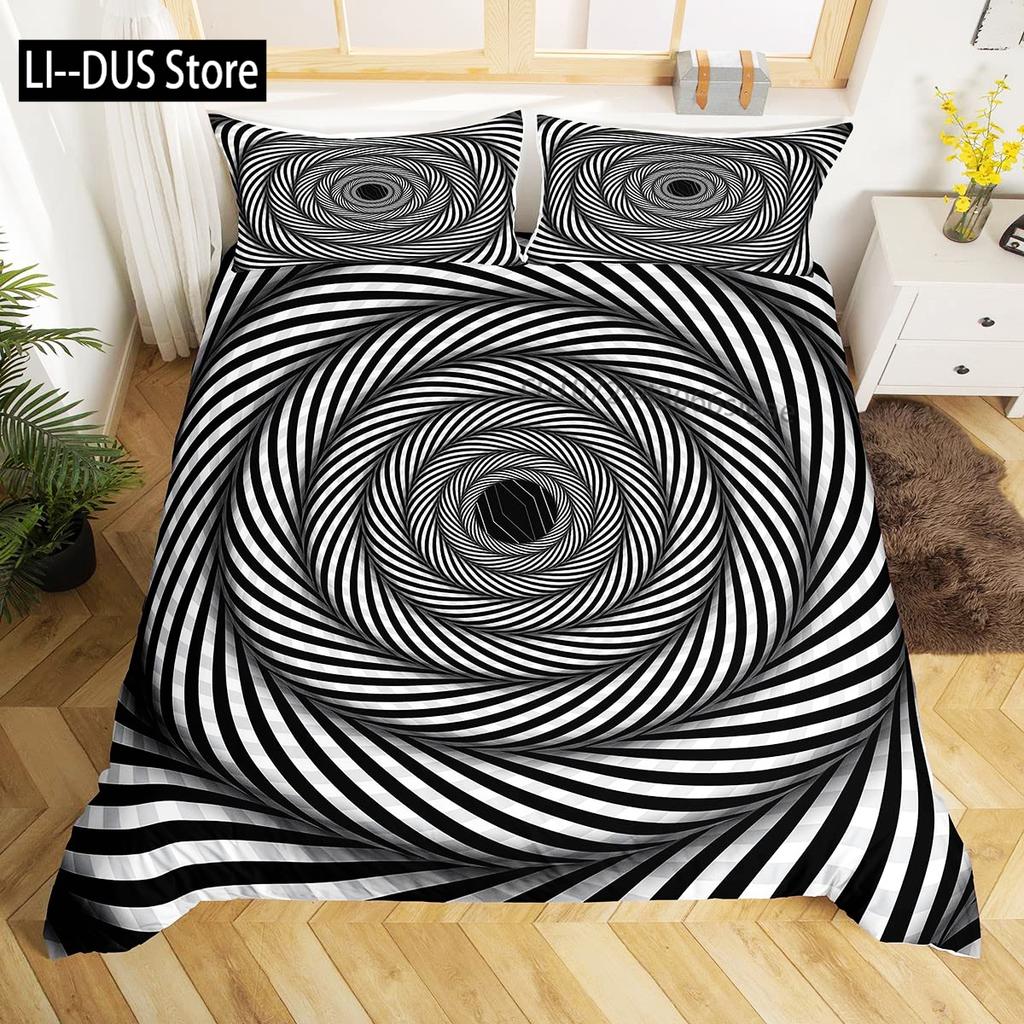 Black White Art Bedding Set,Abstract Geometry Duvet Cover For Kids Teen Boys Girls,Optical Illusion Comforter Cover, Full Size