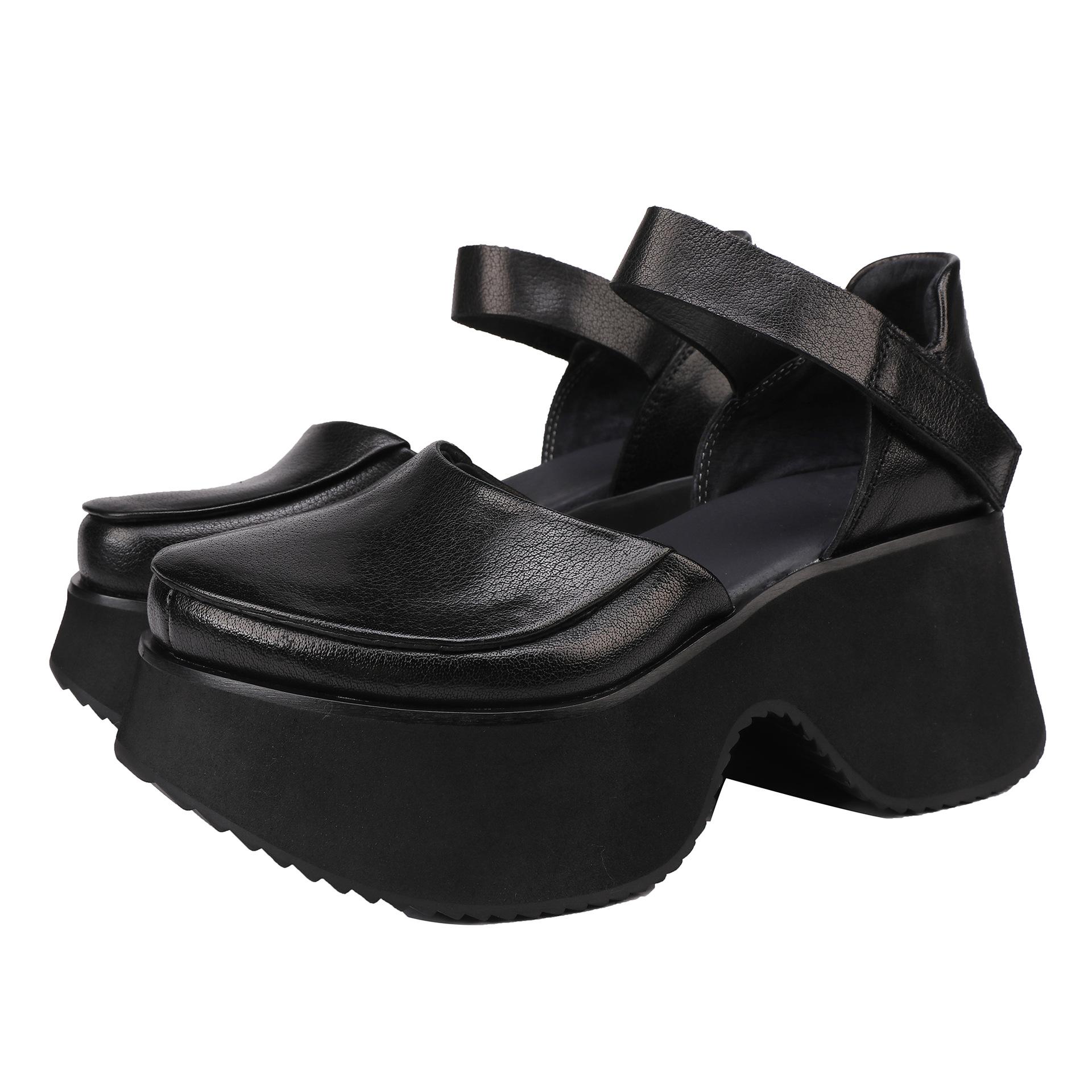 

Johnature Thick Soled Wedges Sandals Genuine Leather Roud Toe Height Increasing Women s Platform Shoes 35 чёрный