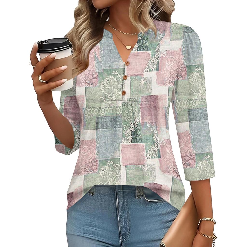Women’s Fashion Loose Fit Three Quarter Sleeve Top with Button and Geometric Print for Casual or Daily Wear