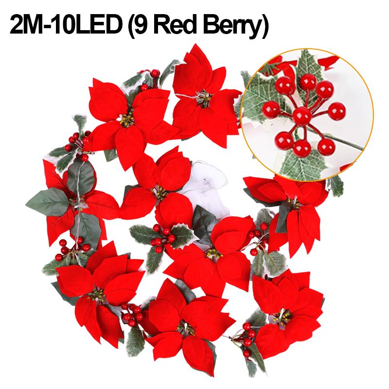 Artificial Poinsettia Garland Christmas Ornaments Flower String Light Holly Berry Green Leaf Vine for Xmas Tree Table Decoration