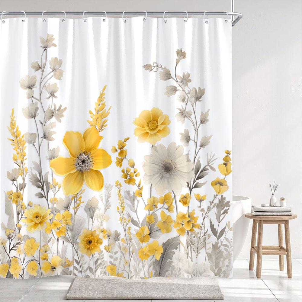 Simple Watercolour Floral Shower Curtain Blue Flower Yellow Grey Botanical Flower Polyester Fabric Shower Curtain Bathroom Decor
