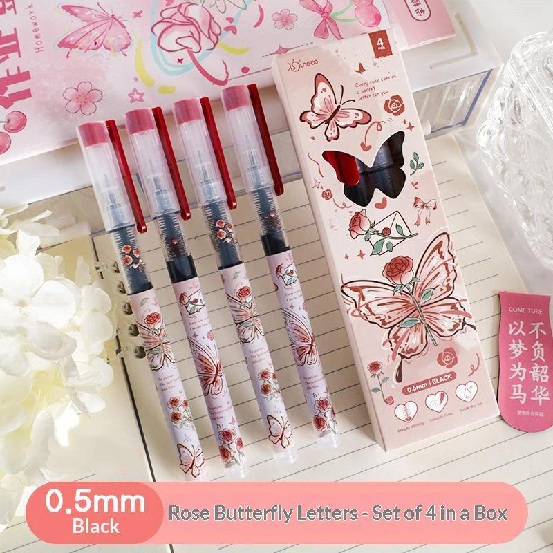 4Pcs Premium Butterfly Rose Gel Pens Smooth Quick Drying Ink Non-Toxic Stationery for School Office Student Homework