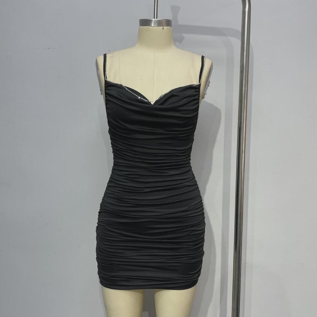 2023 Sommer V-Ausschnitt Slim Kleid mit Hot-Drill-Details