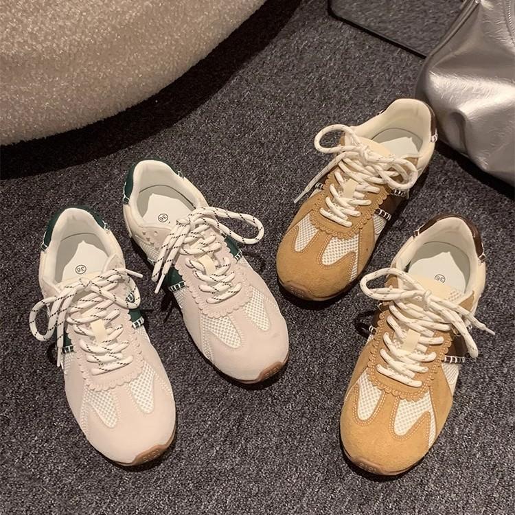 Cowhide version soft leather mesh new round head casual breathable sports shoes inner height increase flat bottom