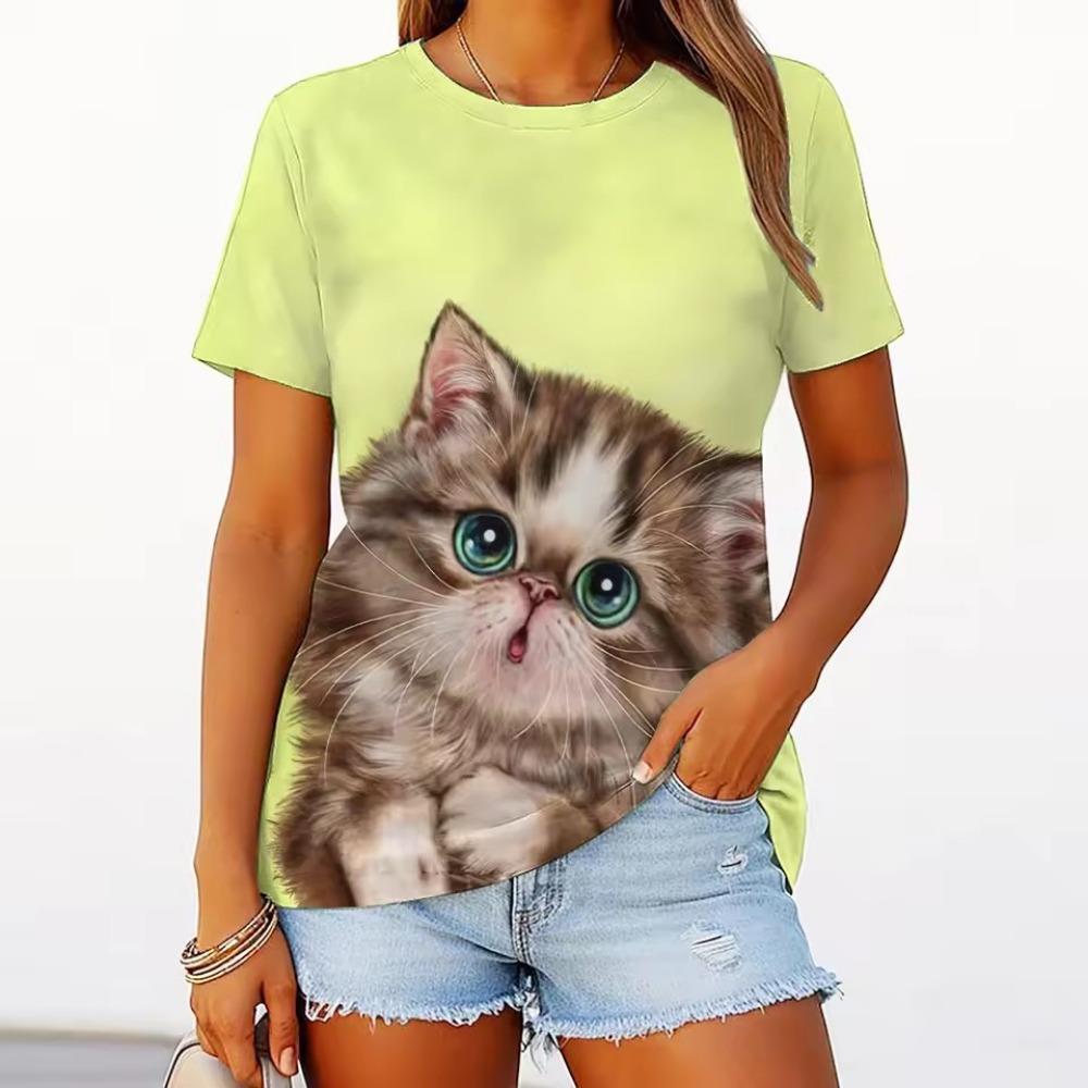 Women's round neck T-shirt Summer casual fashion short-sleeved top 3D cat print animal pattern Large Size Women's Clothing