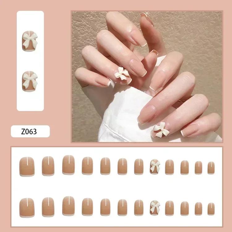24 Piezas de Uñas Francesas Cuadradas Cortas Postizas Rosadas Acrílicas con Lazo de Perla Puntas de Uña de Cobertura Completa Extraíbles