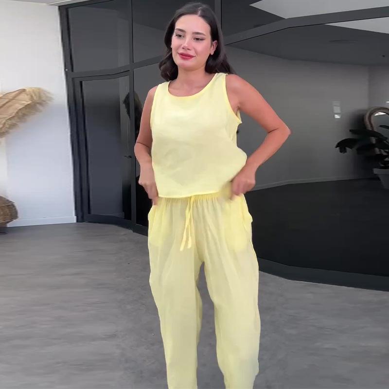2024 Summer Women's Solid Color Sleeveless Top & Casual Long Pants Two-Piece Set