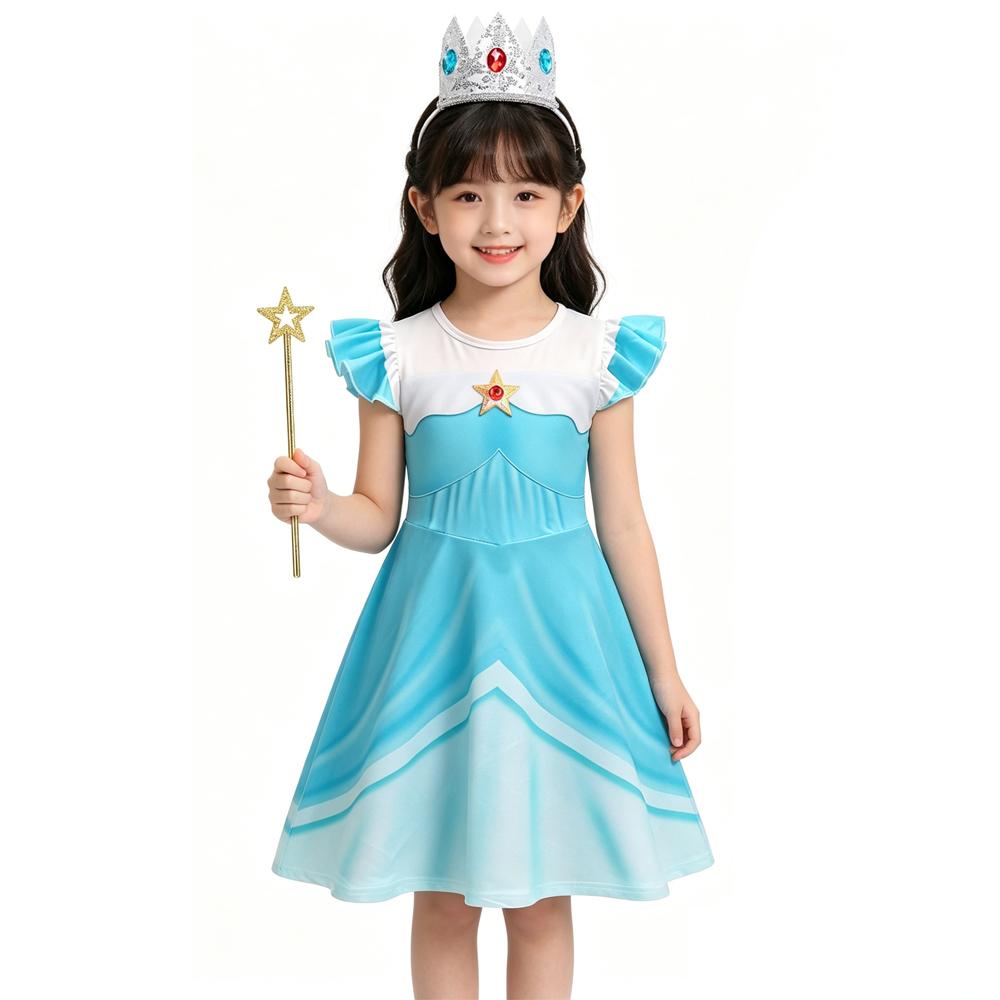 RRosalina Dress Girls Children Halloween Costume Game Role Play Princess Dress Short Sleeve with Crown and Magic Wand 