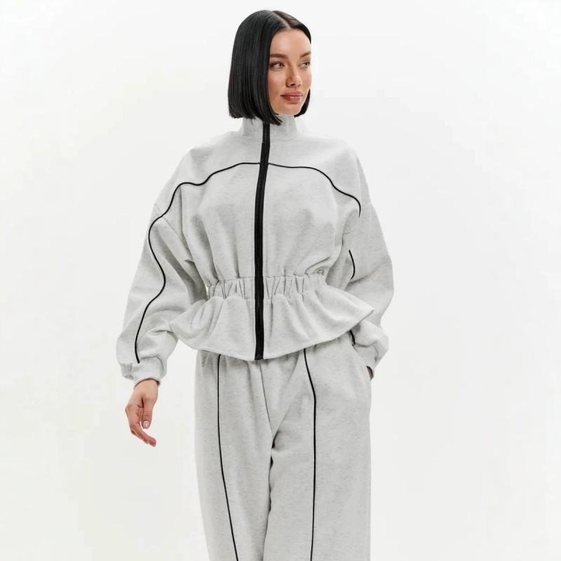 Casual Women's Suit Features Waist Folded Pleated Color Matching Long-sleeved Coat Trousers Two-piece Set