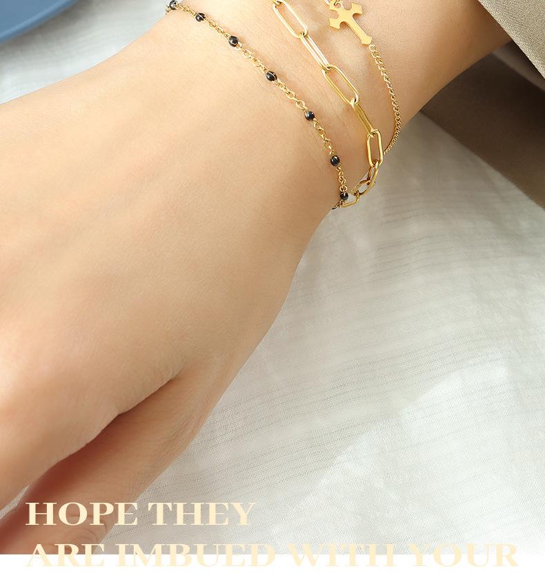 European-Inspired Light Luxury 18K Gold Cross Bracelet - Three-Layer Titanium Steel Design for Best Friends