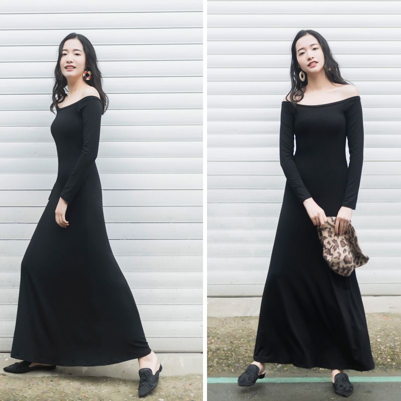 

Modal European and American Style Shoulder-Baring Slimming Floor-Length Dress Black modal XXL