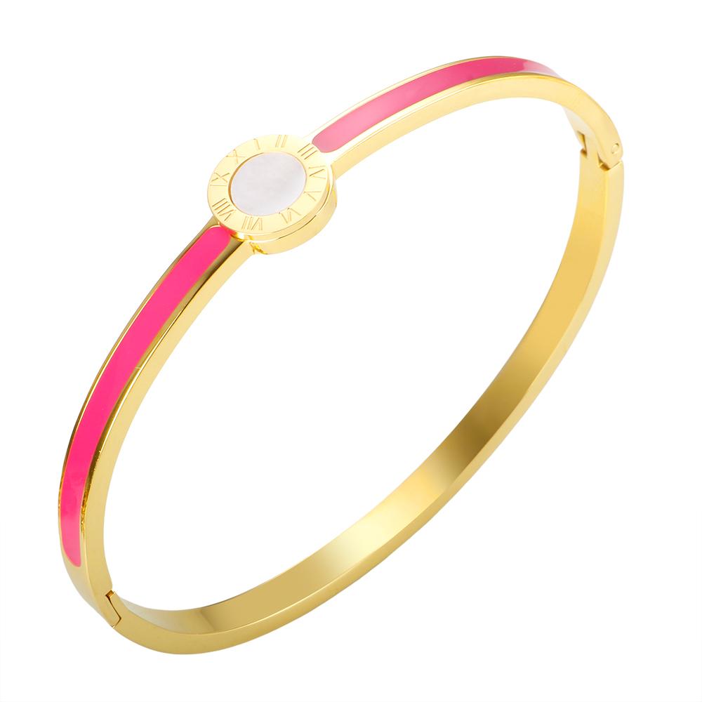 Popularity Stainless Steel Colorful Sweet Enamel Shell Bangle for Women Round Roman Numerals Bracelet Waterproof Trendy Jewelry