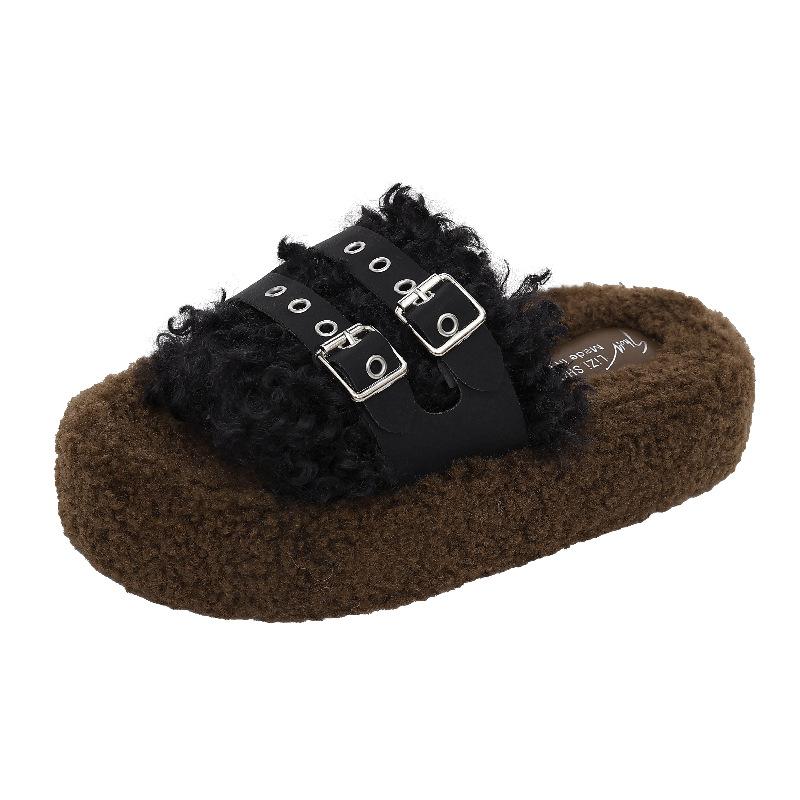 Thick bottom fluffy slippers women wear 2025 autumn and winter new high-end fashion belt buckle Internet celebrity non-slip cotton mop