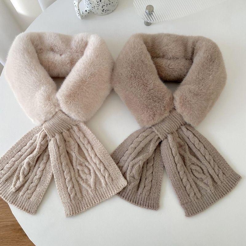Knitted Scarf Women's Autumn and Winter Knitted Versatile Plush Imitation Rex Rabbit Fur Cross Scarf Solid Color Thickened Neck Guard Fur Collar