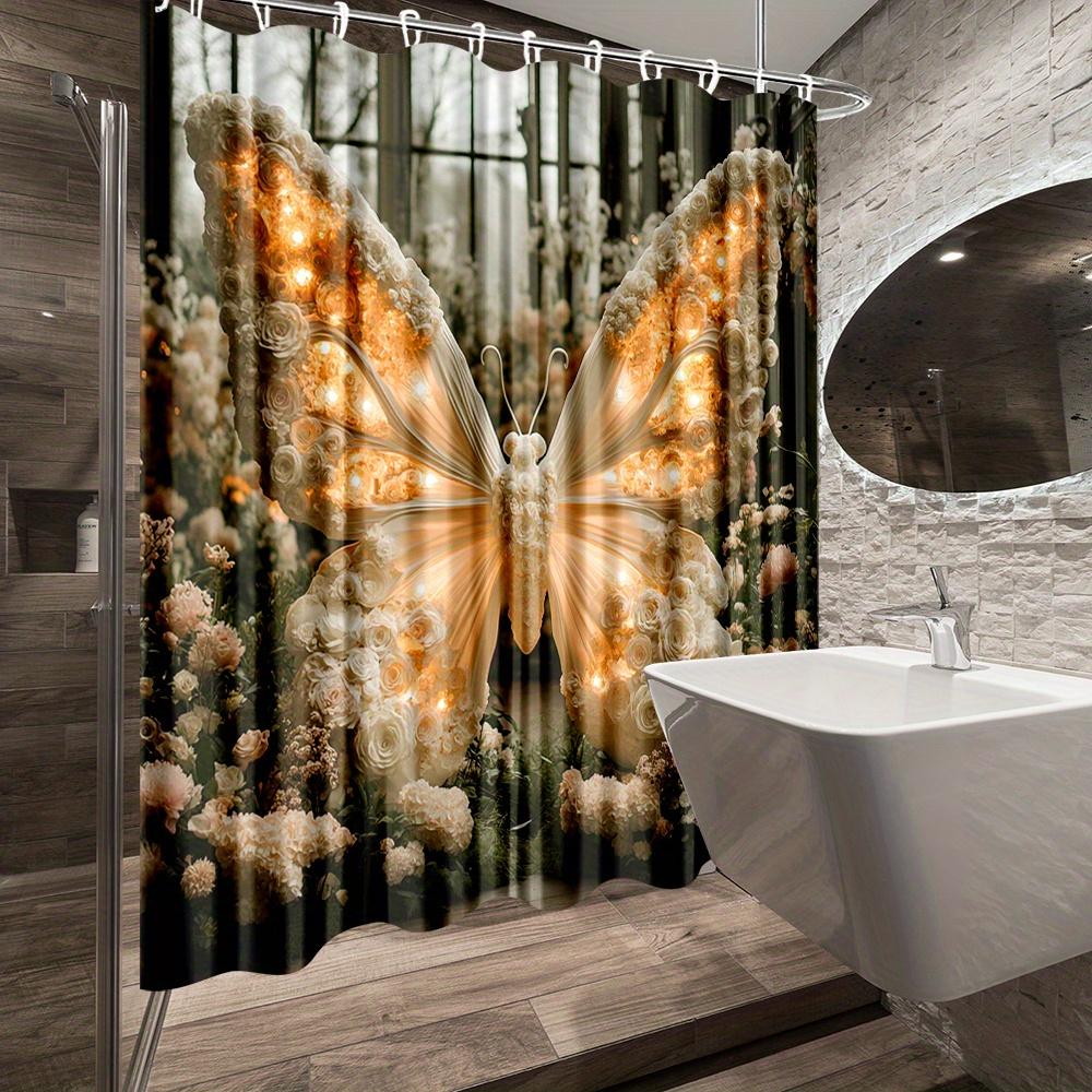 1Pc Butterfly & Floral Shower Curtain With Illuminated Design - Polyester Fabric Bathroom Decor, 70.8X70.8 Inches,