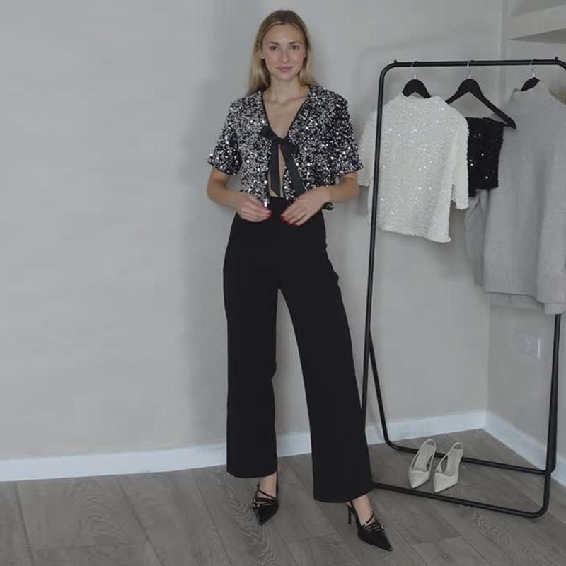 Bow Tie Lace Up Sequin Top Women's Short Sleeved V-neck Shirt Sweet Solid Color Blouses 2025 Spring and Summer Fashion