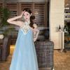 High-end exquisite dress light luxury high-end sense new Chinese style embroidery temperament blue long dress chiffon other
