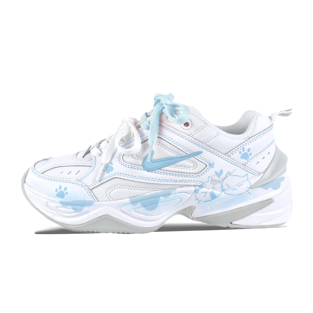 Nike M2K Tekno Meow Cat Blue Abrasion Resistant Breathable Low top Chunky Sneakers Women's White AO3108-100(team352-)