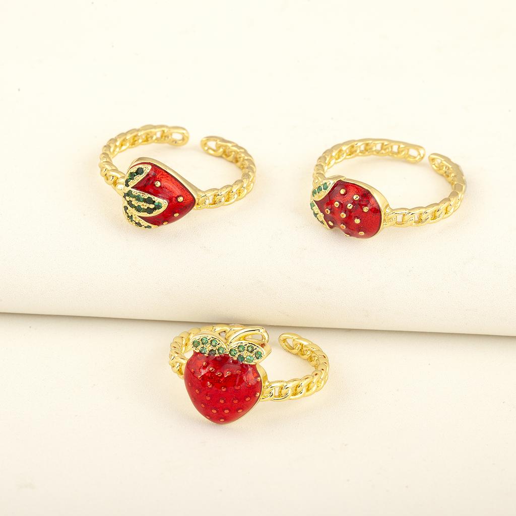 Nidin New Fashion Strawberry Shape Enamel Dripping Oil Open Rings For Women Female Inlaid Green Zircon Adjustable Finger Jewelry