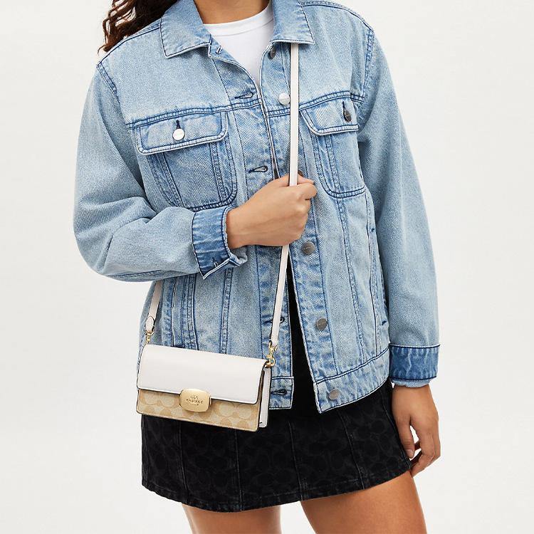 Coach Eliza Removable Shoulder Strap Signature Coated Canvas With Smooth Leather Crossbody Bag Small Women crossbody bag Cream Light-Brown CR527-IMDQC