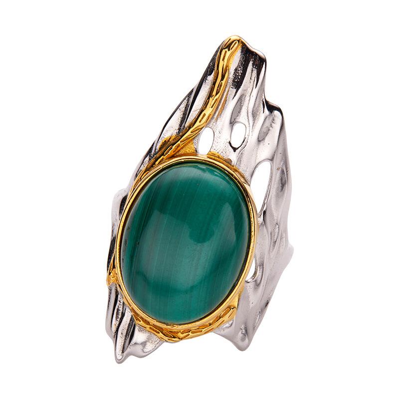 

Vintage Exaggerated Personality Colored Treasure Ring S925 Sterling Silver Inlaid With Natural Malachite Ring Earrings