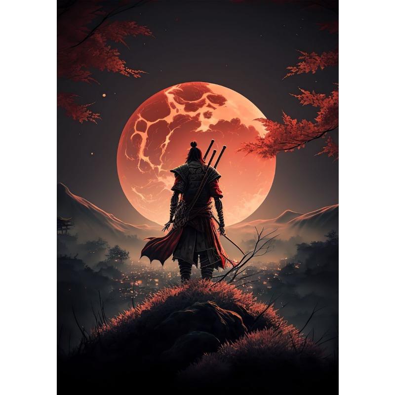 Poster Samurai Japonia Estetic Colorat Anime Dragon Soare Roșu cu Samurai Negru Pictură pe Pânză Artă de Perete Cameră Copii Decor Acasă