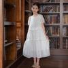 Girls' Embroidered White Cotton Dress – Sweet Bubble Sleeve Cake Design for Summer
