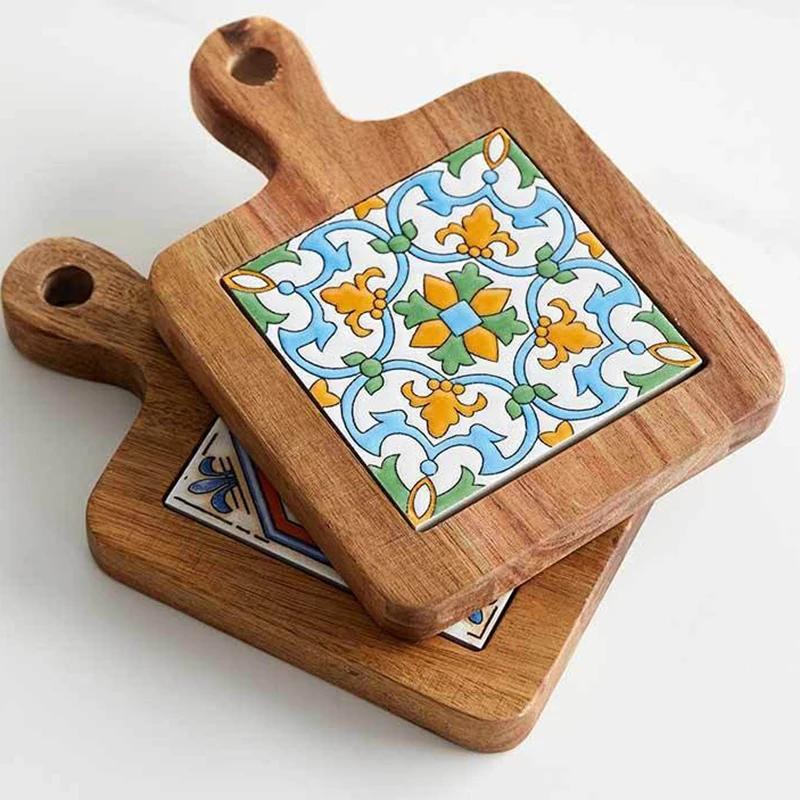 Dřevěné podtácky v japonském stylu, podložka pod hrnec, kreativní podložky pod nápoje proti opaření, izolované, s jemným uměleckým vzorem, protiskluzová podložka pod šálek