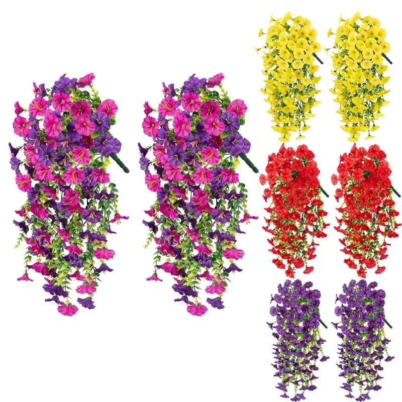 Artificial Hanging Flowers Plants Faux Silk Purple Morning Glory Long Vines UV Resistant Realistic for Garden Balcony Decor