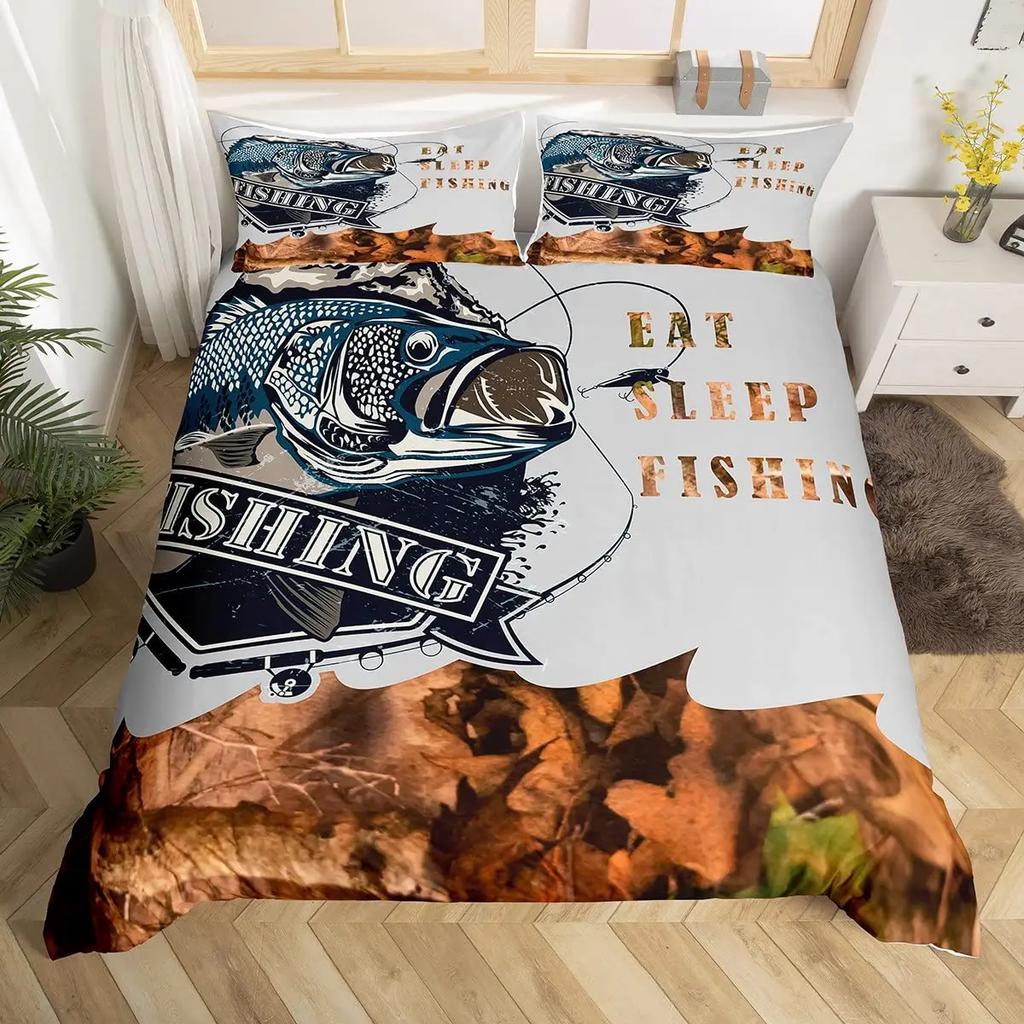 Pike Fish Bedding Striped Bass Big Pattern Hunting and Fishing Themed Duvet Cover for Kids Boys BedRoom Decorations for Teens