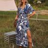 Böhmisches Print V-Ausschnitt Lockeres Midi-Kleid mit Schlitz, Neues Mode-Herbstkleid für Damen, Lässiger Europäisch-Amerikanischer Stil für den grenzüberschreitenden Handel
