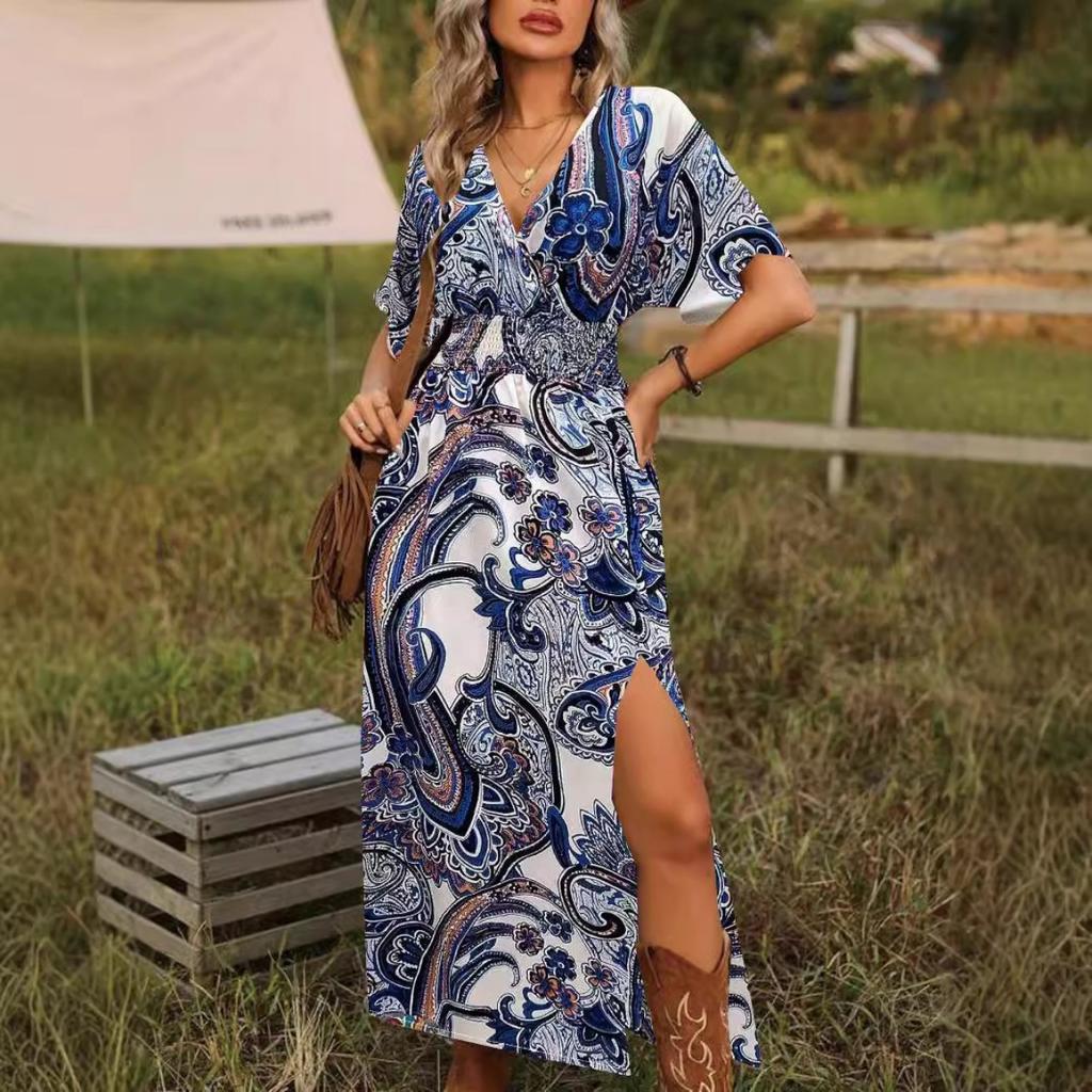 Böhmisches Print V-Ausschnitt Lockeres Midi-Kleid mit Schlitz, Neues Mode-Herbstkleid für Damen, Lässiger Europäisch-Amerikanischer Stil für den grenzüberschreitenden Handel