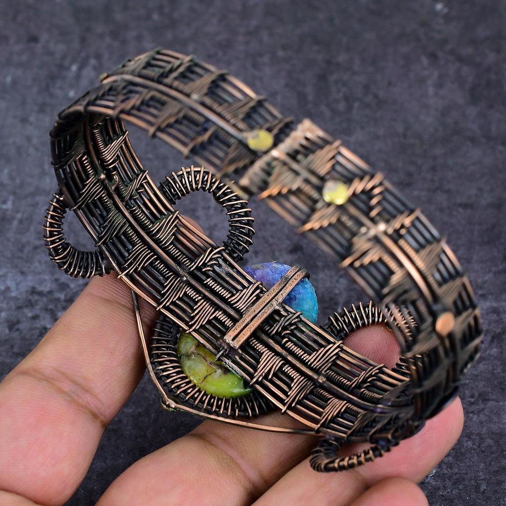 Natural Rainbow Solar Quartz Copper Wire Wrap Cuff Bangle Adjustable ET-4663